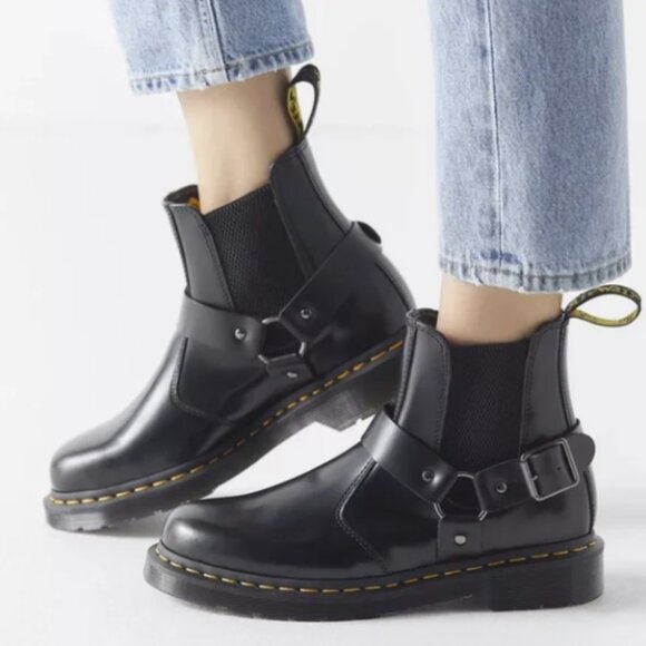 Dr. Martens Shoes - Dr. Martens WINCOX Black Leather Harness Buckle Moto Chelsea Boots Sz 9 NEW